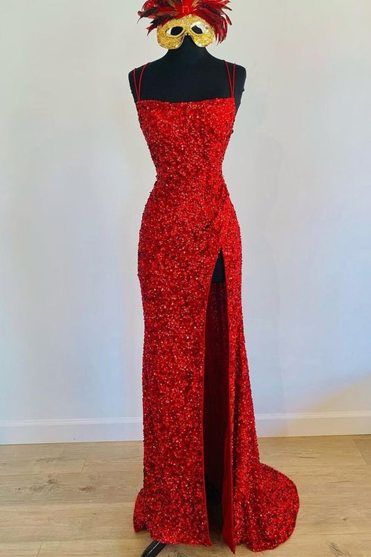 Mermaid Red Sequin Long Prom Dress with Slit C2294