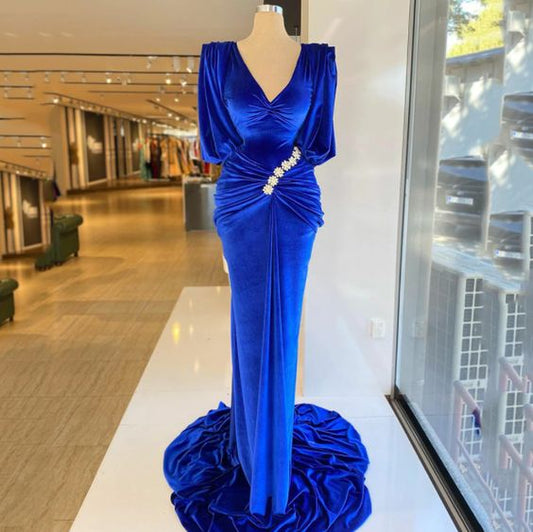 Royal Blue Velvet Mermaid Prom Dress Long Puffy Sleeves V-Neck Evening Dress Pleats Beading Evening Gowns C1932