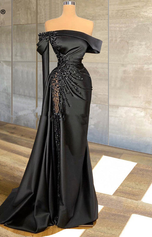 Sexy Black Long Satin Prom Dress Off The Shoulder See Through Beaded Top Pageant Women Party Dresses C2196