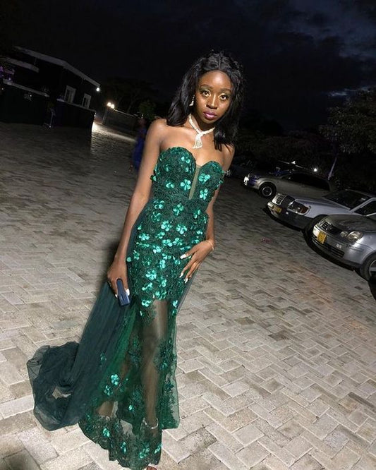 Sexy Mermaid Sweetheart Prom Dresses Green Appliques Sequin Evening Party Dresses C2177