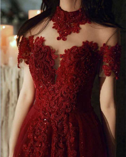 Luxury Burgundy High Neck Beading Evening Dress C2360