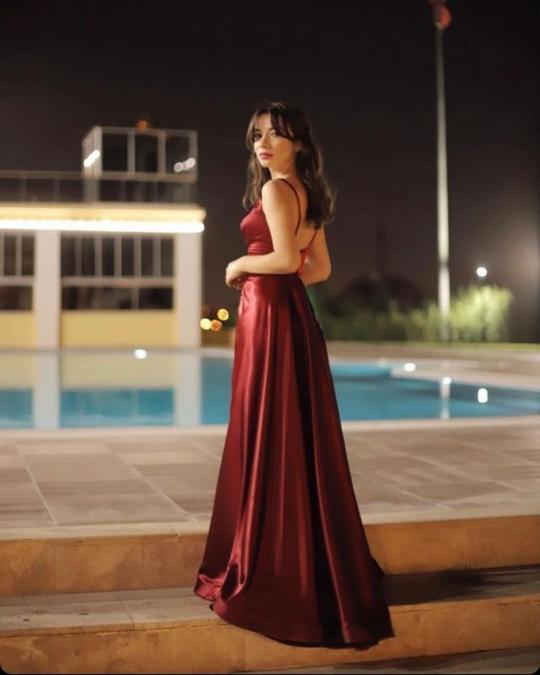 Sexy V-neck Burgundy Charmeuse Slit Backless Prom Dresses  C541