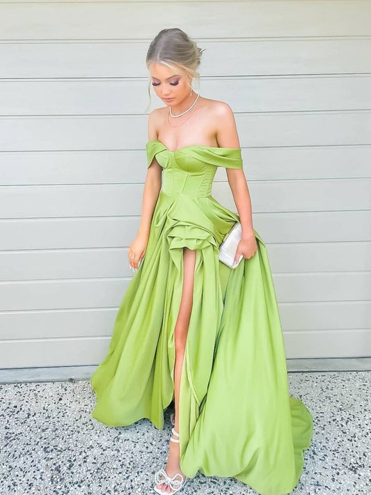 Simple green off shoulder satin long prom dress, green evening dress C2036