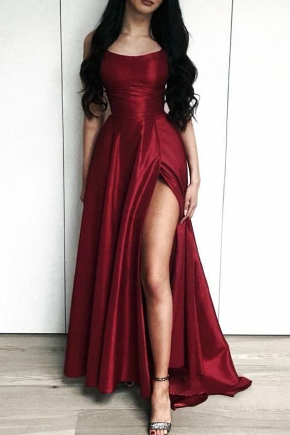Charming Burgundy Side Slit Long Evening Dress, Sexy Prom Dresses C1726