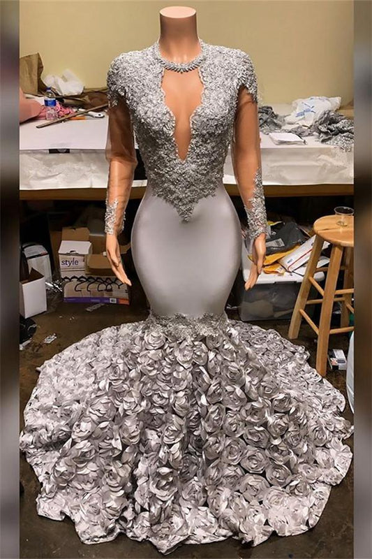 Silver Party Dress Fit And Flare Floral Prom Dresses Lace Appliques Real Shooting Formal Dresses  C2003