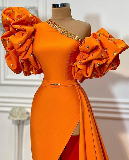 unique evening dresses long orange beaded mermaid elegant simple formal evening gown C1962