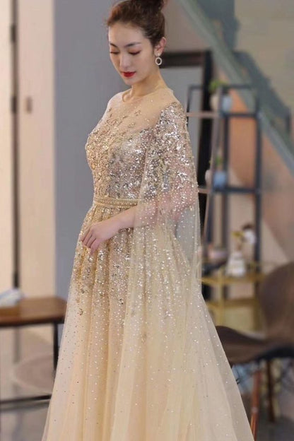 Extra Long Sleeves Beaded Prom Dresses Boatneck Beaded C2236