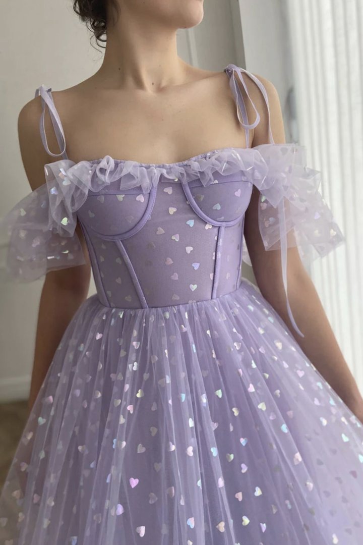 Purple tulle short A line prom dress evening dress C1321