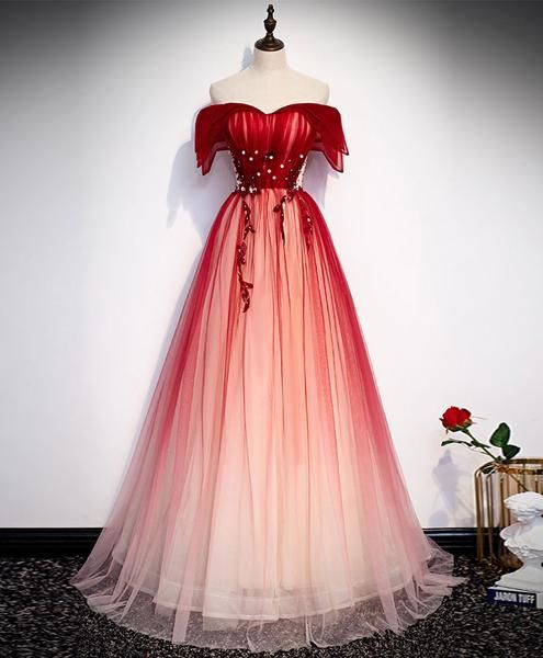 Burgundy off shoulder tulle long prom dress burgundy formal dress C2253