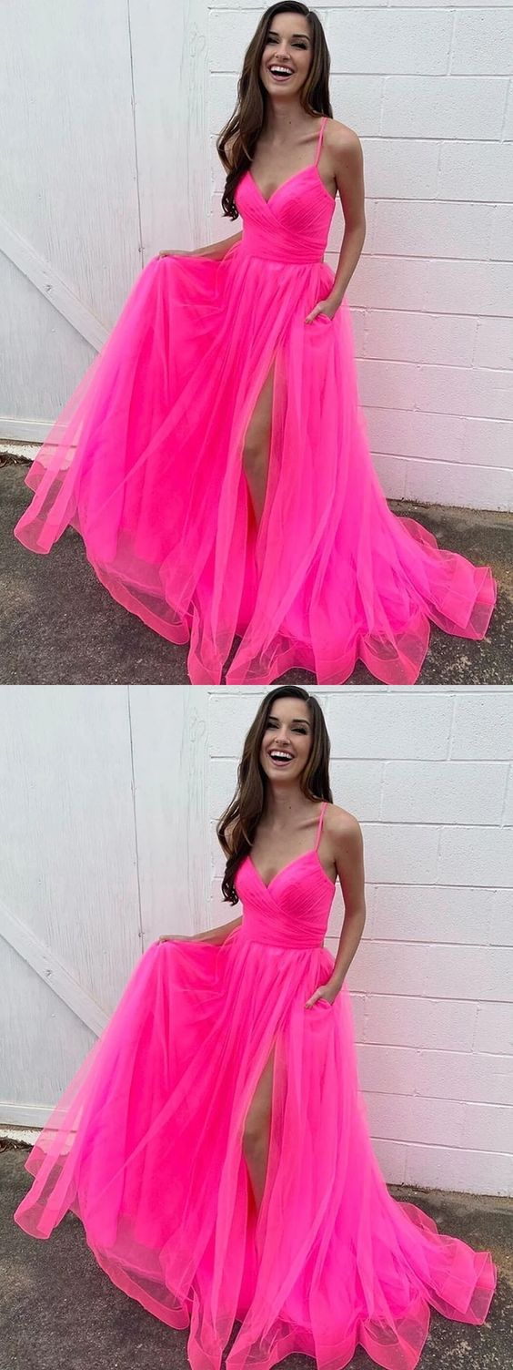 Stylish A Line V Neck Hot Pink Long Prom Dresses with High Slit, V Neck Hot Pink Formal Dresses, Hot Pink Evening Dresses C2306