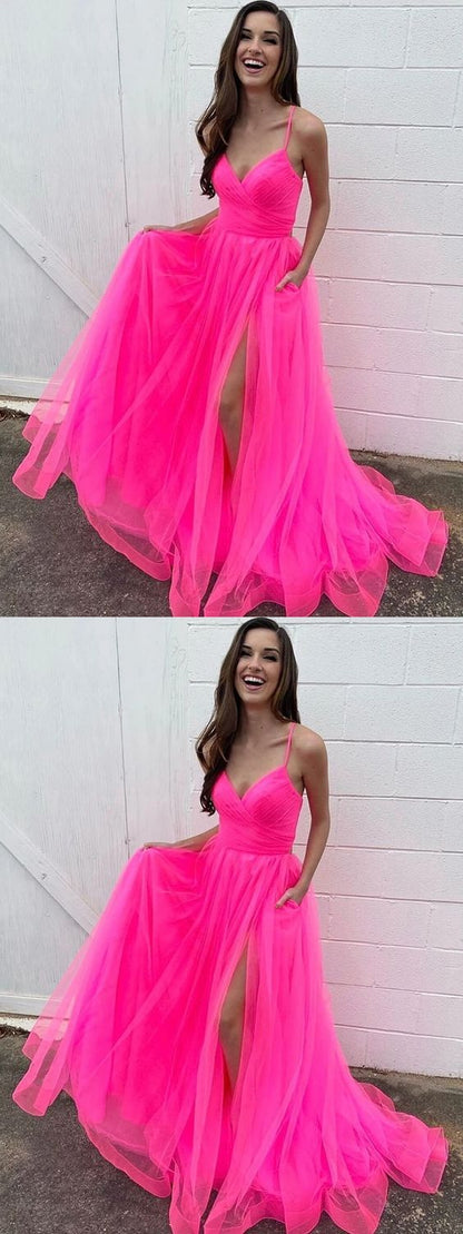 Stylish A Line V Neck Hot Pink Long Prom Dresses with High Slit, V Neck Hot Pink Formal Dresses, Hot Pink Evening Dresses C2306
