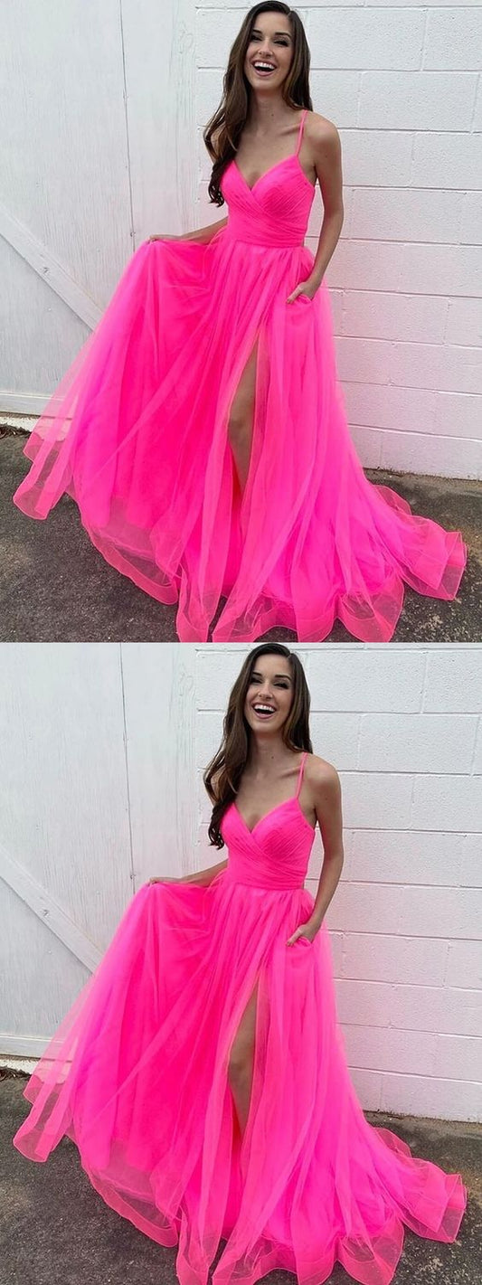 Stylish A Line V Neck Hot Pink Long Prom Dresses with High Slit, V Neck Hot Pink Formal Dresses, Hot Pink Evening Dresses C2306