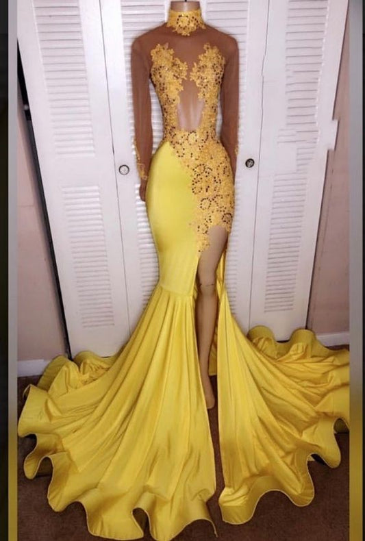 Yellow Split Mermaid/Trumpet Long Sleeve Satin Prom Dresses C2289