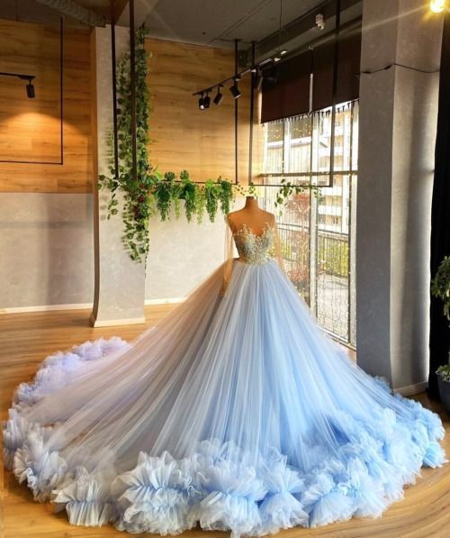 Long Sleeves Light Blue Ball Gown Sweet 16 Dress C2242