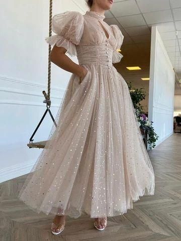 Prom Dresses Sparkly Half Puff Sleeves Wedding Party Dresses C1713
