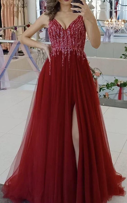 Elegant long red tulle prom split dresses v neck sequin beaded evening dress  C2315