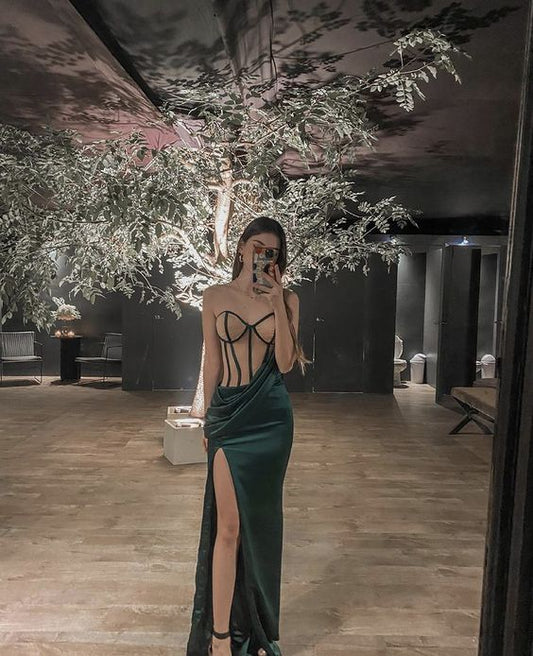 Sexy Mermaid Prom Dress With Split See-through Evening Dress C2104