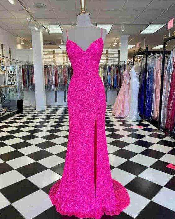 Hot Pink Straps Prom Dress with Slit,Mermaid Prom Dresses,Sexy Party Dresses C1711