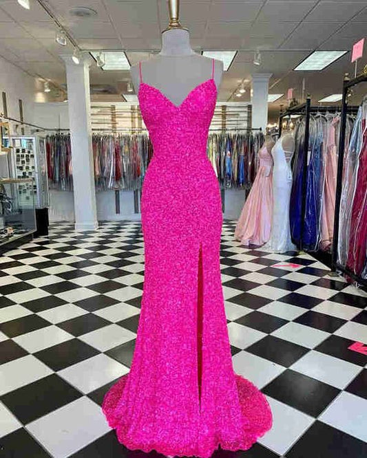Hot Pink Straps Prom Dress with Slit,Mermaid Prom Dresses,Sexy Party Dresses C1711