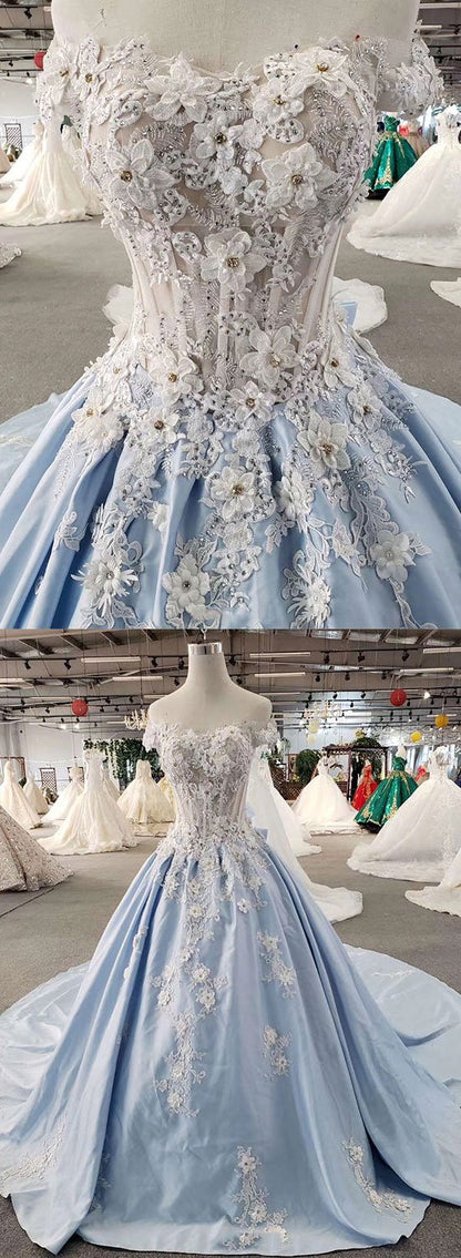 Blue lace appliqué long prom dress, evening dress C1981