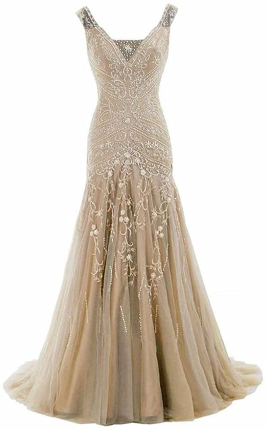 Mermaid V Neck Beaded Long Prom Dress Evening Gowns C1783