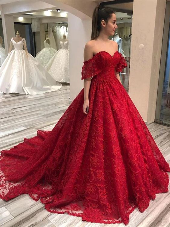 Off Shoulder Long A-line Red Lace Prom Dresses, Formal Dresses, Long Prom Dresses C2255