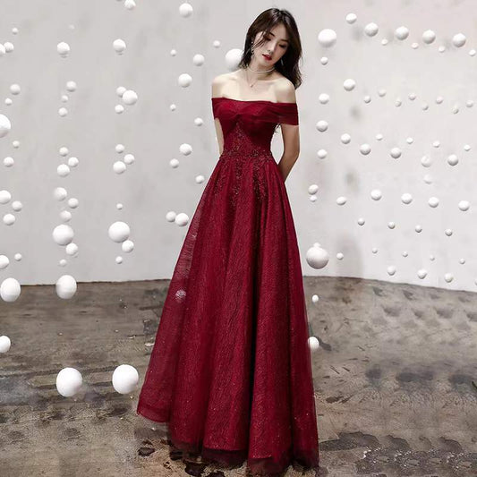 Burgundy tulle sequins long prom dress evening dress C2095