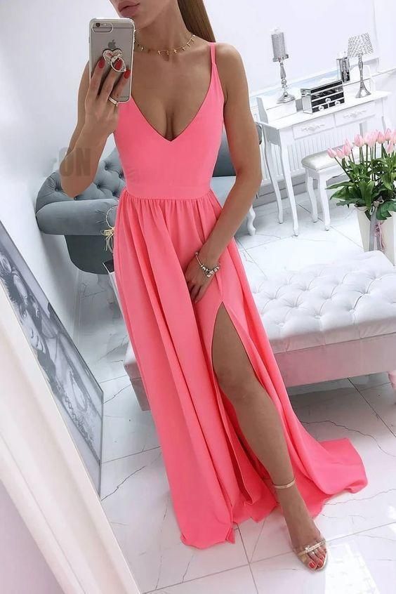 Simple v neck coral chiffon long prom dress C1758