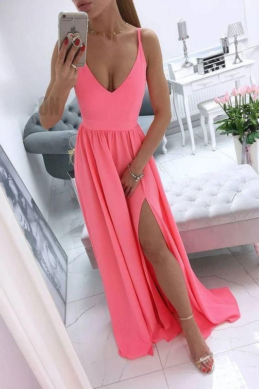Simple v neck coral chiffon long prom dress C1758