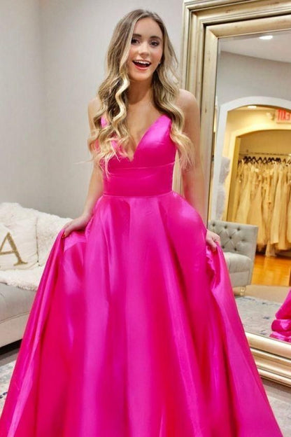 A-Line Hot Pink Prom Dress V Neck Evening Dress C2309