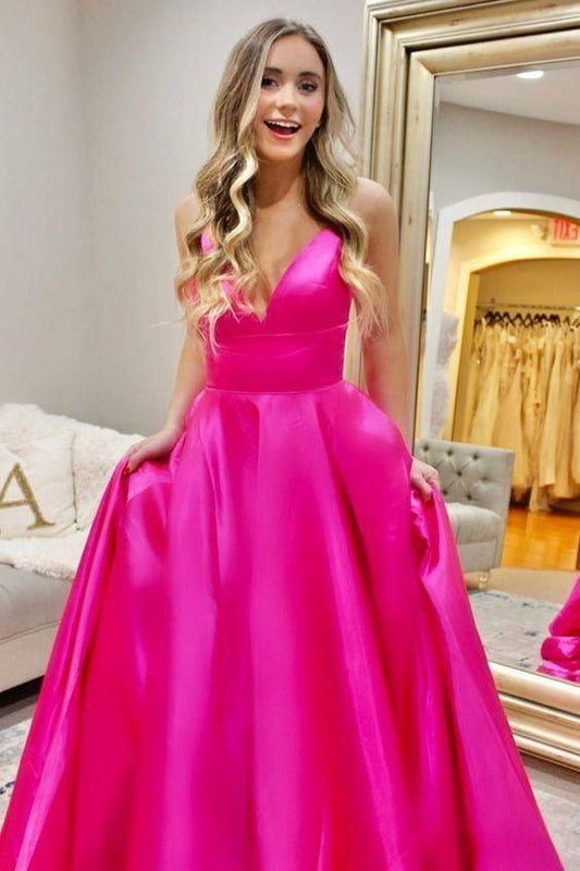 A-Line Hot Pink Prom Dress V Neck Evening Dress C2309