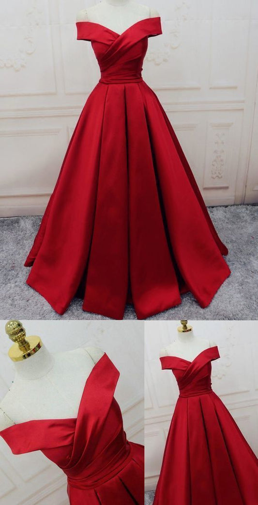 Evening Dresses, A-line/Princess Prom Dresses, Long Party Dresses, Off-the-shoulder red Long satin party dress C1779