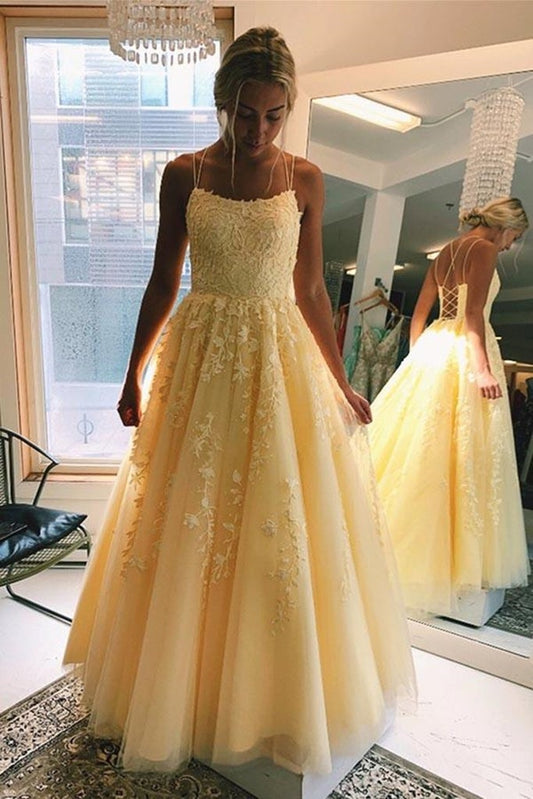 A Line Floor Length Lace Yellow Tulle Long Prom Dress, Yellow Lace Formal Dress, Yellow Evening Dress C2182