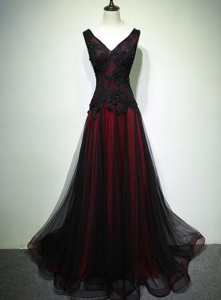 Gorgeous Black And Red V-Neckline Tulle Beaded Prom Dress, Long Evening Gown C2015