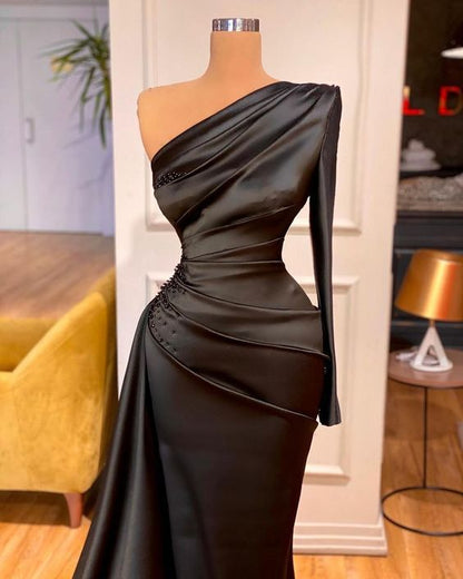 Black Prom Dress One Sleeve Floor Length evening dress C2193