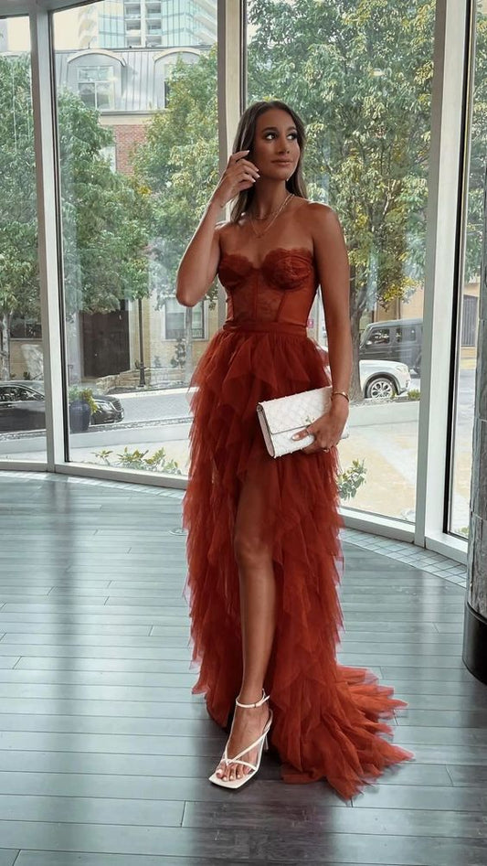 Rust Red Sweetheart Bustier Tiered Layers Formal Prom Dress C2056