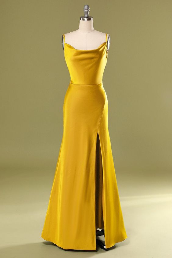 Mermaid Slit Long Prom Dress - Yellow C2076