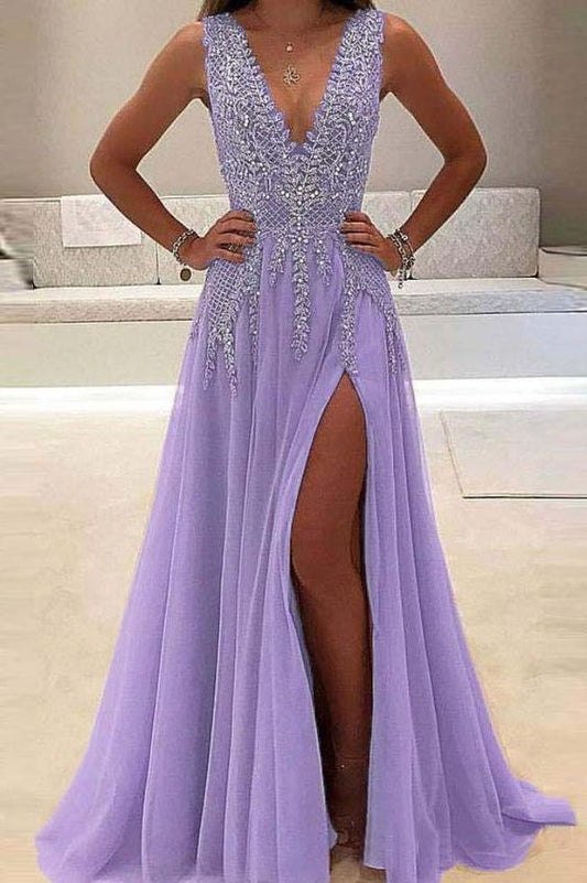 A line Tulle V Neck Purple Prom Dresses Long Backless Evening Dresses  C2336