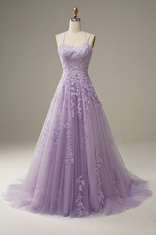 Spaghetti Straps Lilac Tulle Lace Long Prom Dress C1901