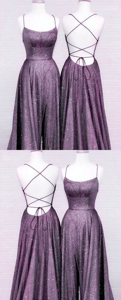 Purple Glitter Prom Dresses Side Split Lace Up Back C2332