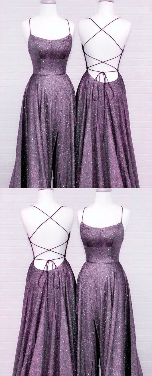 Purple Glitter Prom Dresses Side Split Lace Up Back C2332
