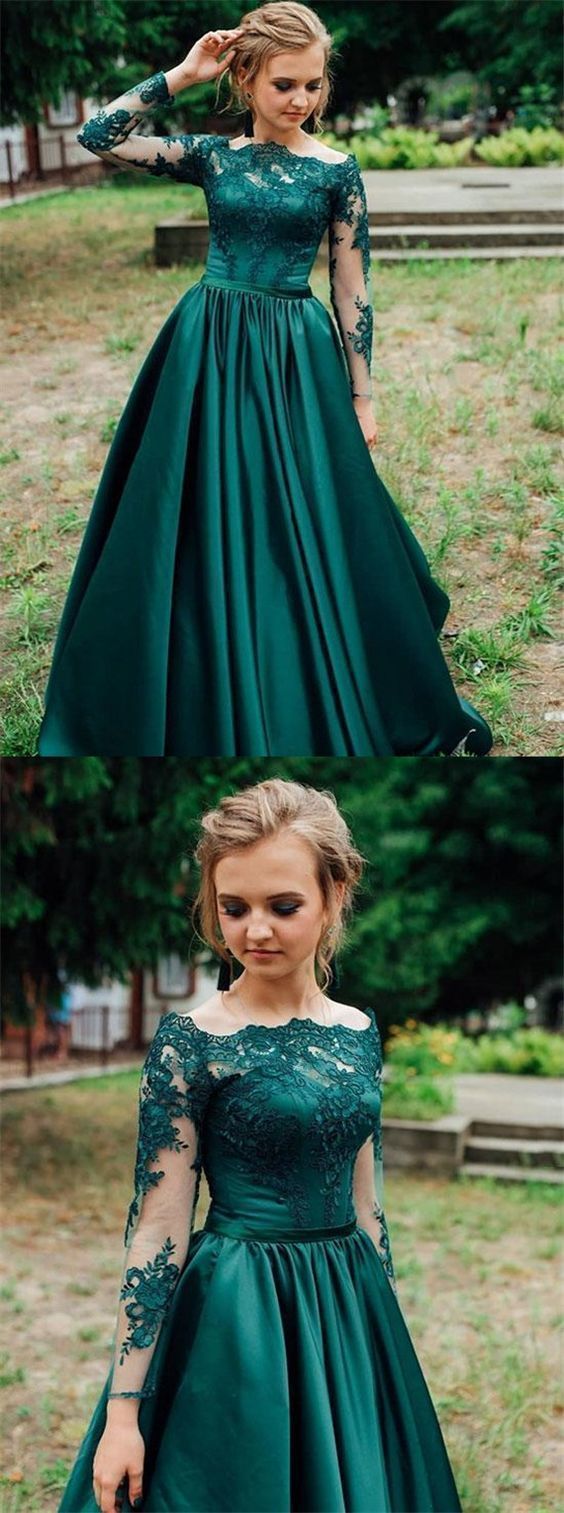 Gorgeous Prom Dress, Dark Green Prom Dress, Long Sleeves Prom Dress, Lace Prom Dress C2124