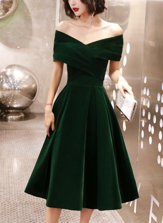 Green Velvet Off Shoulder Vintage Style Bridesmaid Dress, Tea Length Party Dress C1100