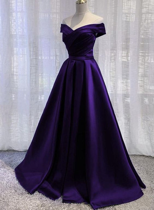 Simple Off Shoulder Satin Long Prom Dress, Dark Purple Party Dress Evening Gown C1673