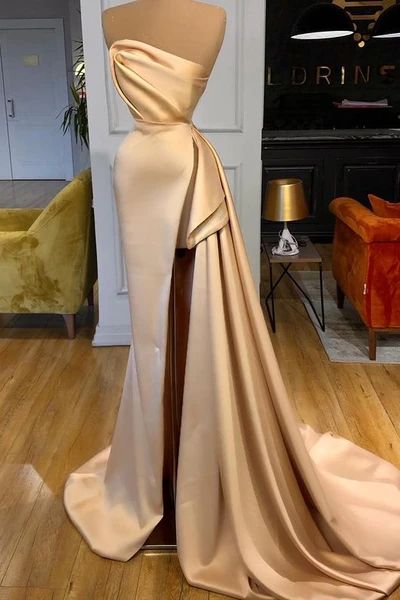 Long Champagne Prom Dress Side Split Evening Party Gowns C1998