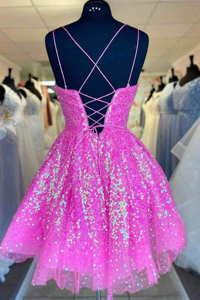 Cute Sequins A-Line Homecoming Dress Lace-up Shiny Party Dress c2461