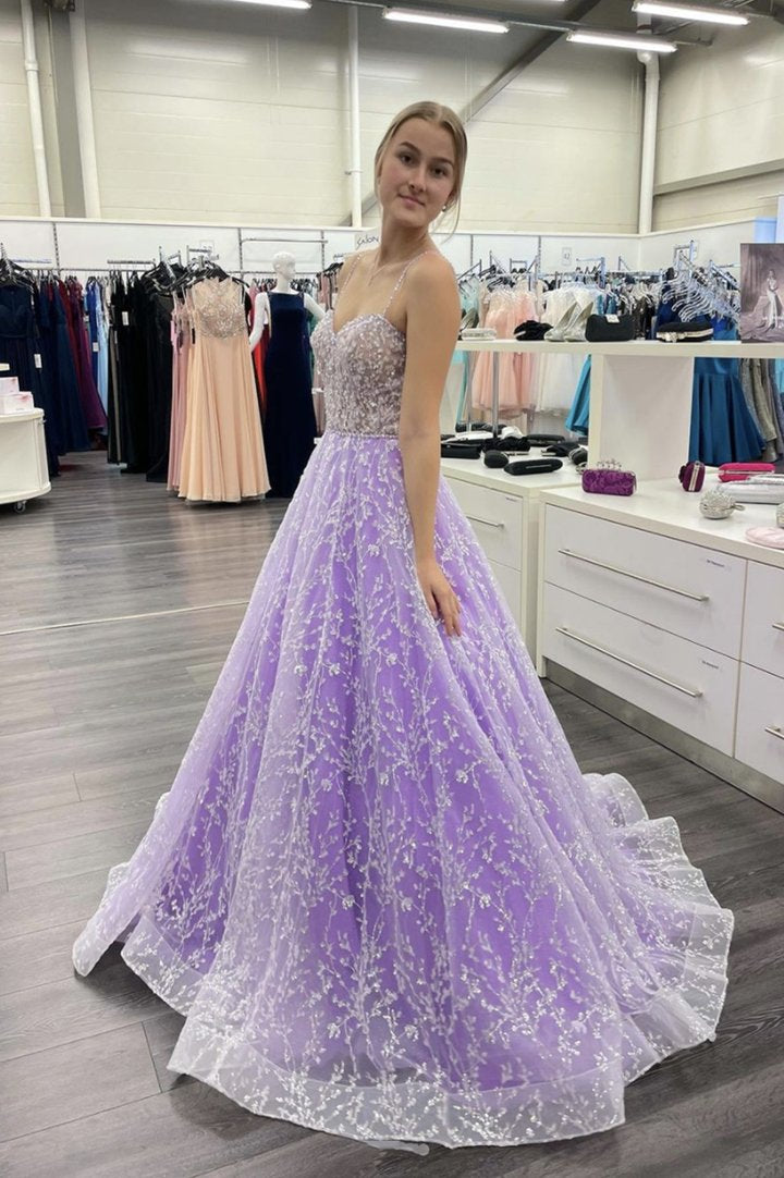 Purple tulle lace long prom dress evening dress C1278