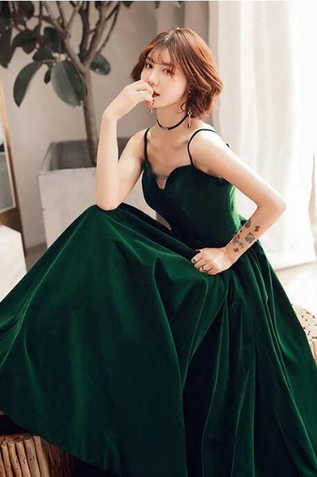 Charming Spaghetti Straps Sweetheart Sleeveless A Line Prom Dress Green Velvet Prom Dress C2228