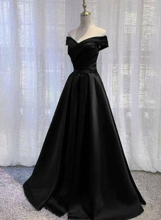 Pretty Off Shoulder Black Satin A-Line Party Dress Formal Dress, Long Black Prom Dress C1672