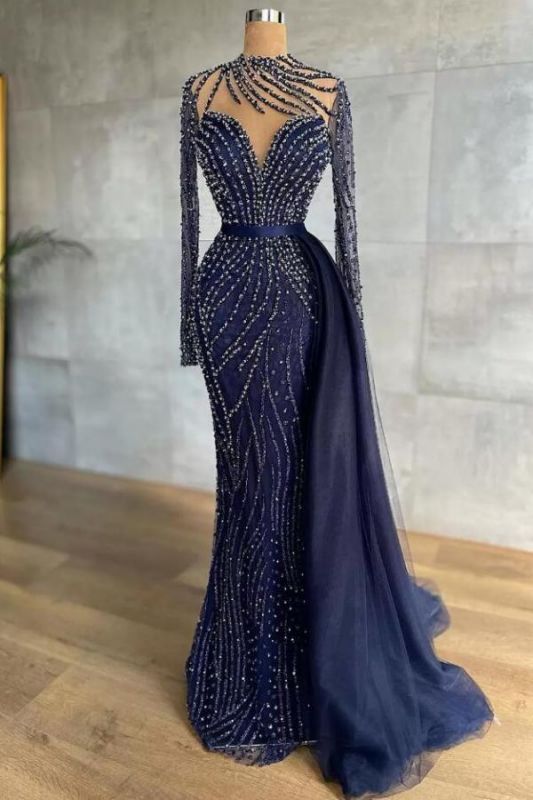 Stylish High Neck Navy Mermaid Evening Dress with Detachable Tulle Train Crystals Beads Long Prom Dress C2194